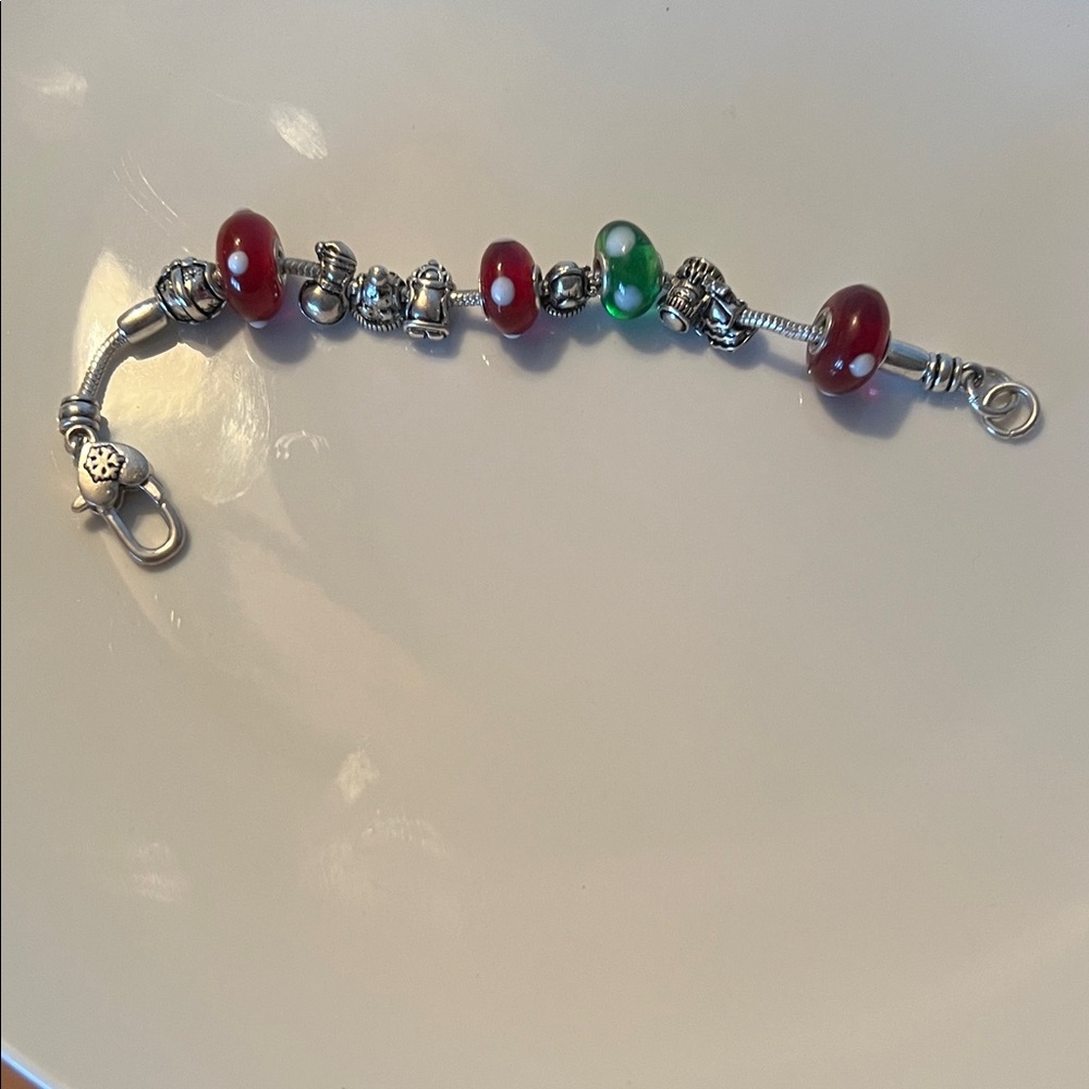 Silver and Red Charm Bracelet with beads and heart clasp